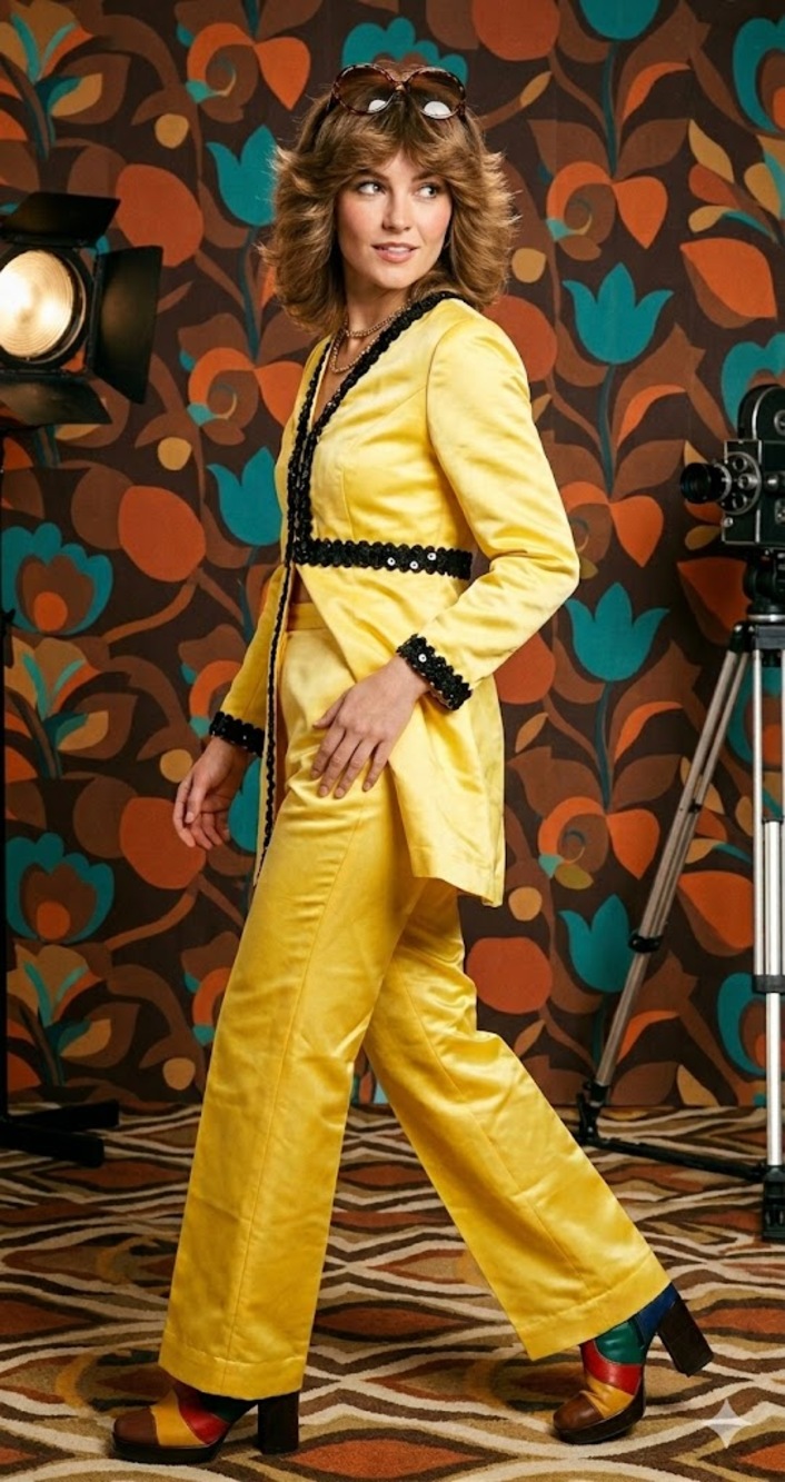 Vintage 1970s Calderon Yellow Satin Tunic & Flares Pant Suit Set Boho Disco